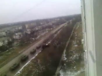 The column of armored vehicles in Dzhankoy, Crimea