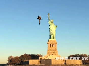 Flight on jetpack over the Statue of Liberty in New York